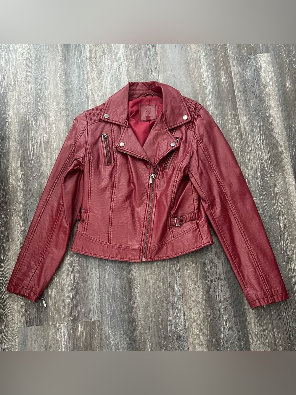 Max Studio Burgundy Faux Leather Moto Jacket